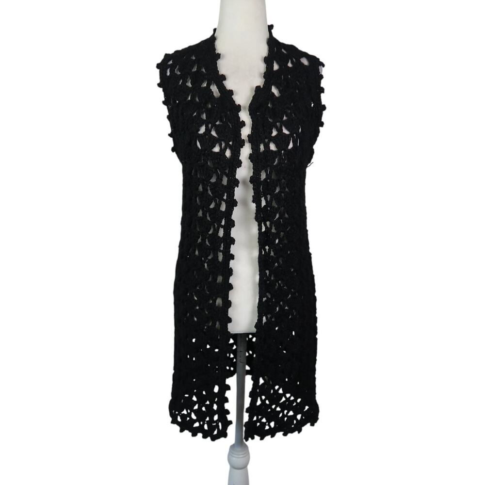 Vintage 90s Black Crochet Knit Open Sweater Cardigan Vest S
